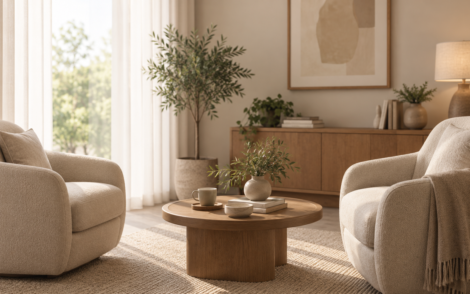 Detalhe acolhedor do consultório com poltronas confortáveis e iluminação suave