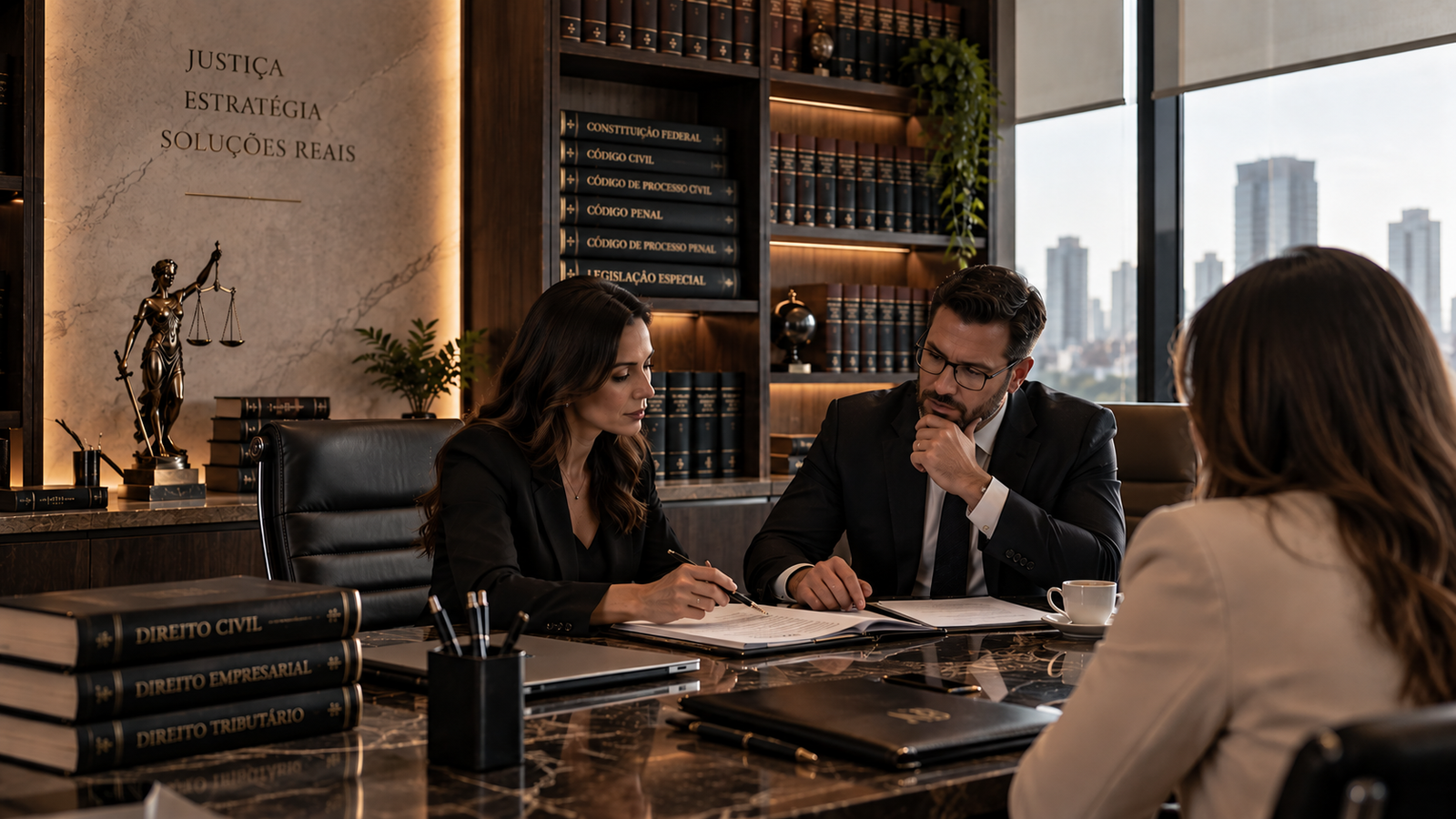 Reunião jurídica estratégica entre sócios e cliente em sala privativa