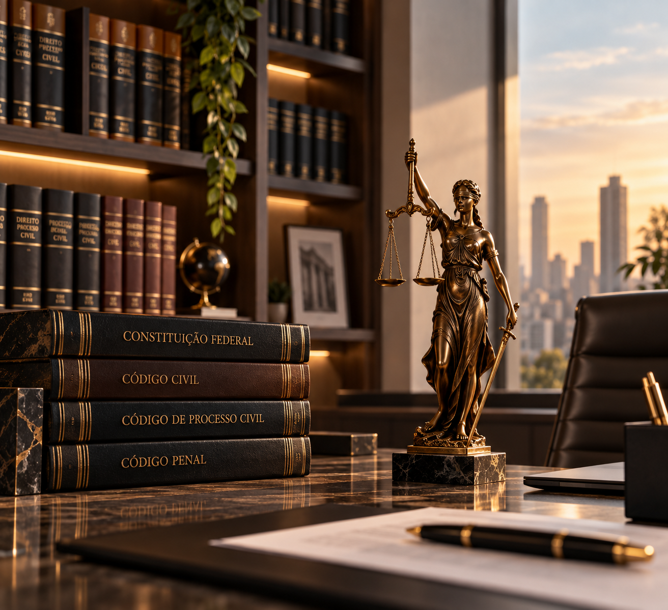Estátua de Themis da Justiça e códigos jurídicos encadernados sobre mesa executiva